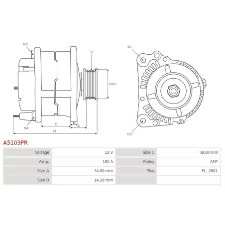 Alternateur 12V 185Amp MERCEDES 0009064022, A0009064022, MITSUBISHI A003TX2081, A003TX2081ZE, A3TX2081