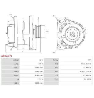 Alternateur 12V 100A Cargo A6023 UD02278A