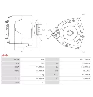 Alternateur 12V 45Amp AS-PL A6024, CARGO 111437, DAIHATSU 27060-87112-000, 27060-87512-000, 27060-87601