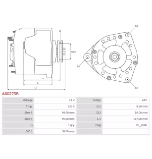 Alternateur 12V 130Amp BOSCH 0986049221, CARGO 114115, 116366, DELCO DA1967, DRA0857