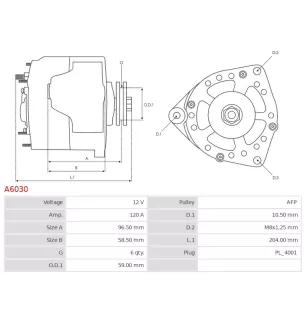 Alternateur 12V 120Amp CARGO 115787, DENSO 102211-0870, DAN1409, FORD 1X4310300CB, JAGUAR C2S3710