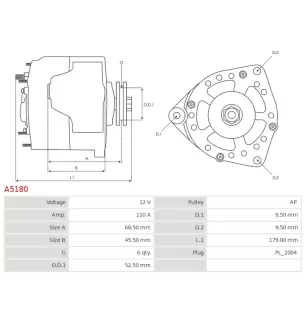 Alternateur 12V 110Amp AS-PL A5180, UD11257A, MITSUBISHI A003TB2191, A3TB2191, ELECTROLOG ALT5142