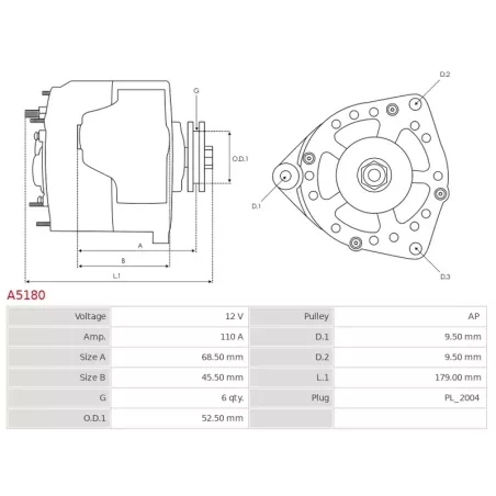 Alternateur 12V 110Amp AS-PL A5180, UD11257A, MITSUBISHI A003TB2191, A3TB2191, ELECTROLOG ALT5142