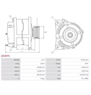 Alternateur 12V 150A Mitsubishi A5397S UD18469A