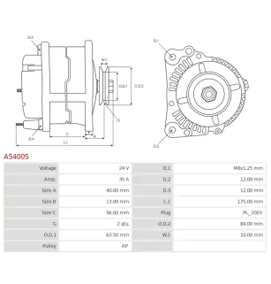 Alternateur 24V 35Amp AS-PL UD18512A, CATERPILLAR 1397850, MITSUBISHI A003T8199, A003TA8199, A3TA8199