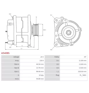 Alternateur 24V 110Amp  AS-PL A5408S, UD19371A, UD90534A, DELCO 19091100, MITSUBISHI A004TR6491