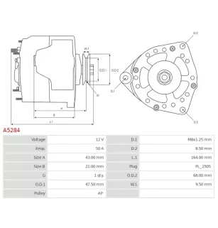 Alternateur 12V 50Amp AS-PL A5284, UD11306A, MITSUBISHI A007TA1472, A7TA1472, LOGISTIK 446865