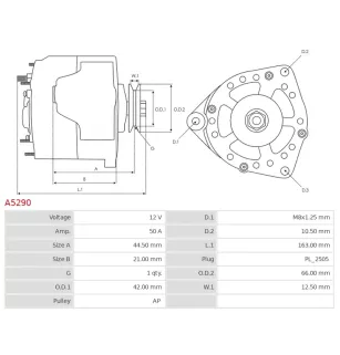 Alternateur 12V 50Amp AS-PL A5290, UD11300A, MITSUBISHI 31A68-00400, 31A68-00401, 31A68-00402