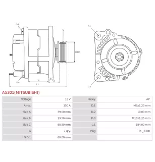 Alternateur 12V 150A Mitsubishi UD100936 A002TX1491