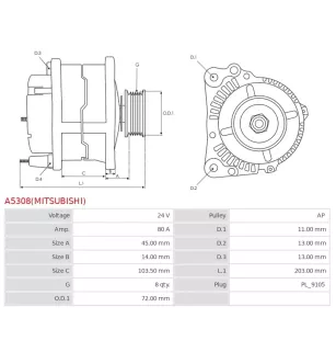 Alternateur 24V 80A Mitsubishi UD14580 114843