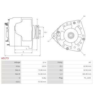 Alternateur 12V 120Amp AS-PL A5173, UD11275A, MITSUBISHI A003TG3591, A3TG3591, BAXTERS A-1207