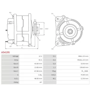 Alternateur 12V 65Amp AS-PL UD18988A, DELCO DA4277, DRA3167, DRA3306, FORD GLE294
