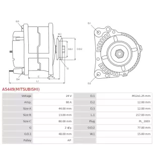 Alternateur 24V 80Amp AS-PL UD19982(MITSUBISHI)A, MITSUBISHI A004TU8984, A004TU8984A, A004TU8984AM, A00TU8984AM