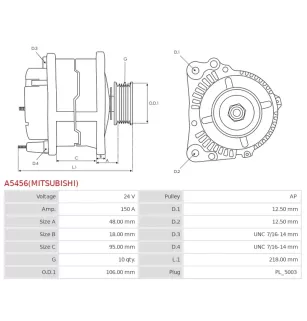 Alternateur 24V 150Amp AS-PL UD14573(MITSUBISHI)A, UD90336A, CARGO 115586, F032115586, DELCO DRA1046