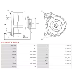 Alternateur 24V 60Amp AS-PL UD19992(MITSUBISHI)A, ISUZU 8981274950, MITSUBISHI A008TU5386, A008TU5386AM, A8TU5386