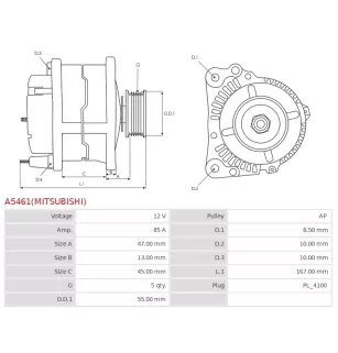 Alternateur 12V 85A Mitsubishi UD19985 0986085160