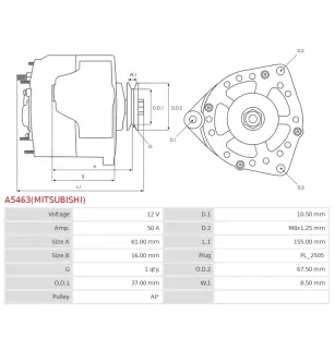 Alternateur 12V 50Amp AS-PL UD19990(MITSUBISHI)A, DEUTZ 04112218, MITSUBISHI 31A68-00401, 31A68-00402, 31A68-10400