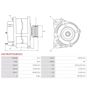 Alternateur 24V 50Amp AS-PL UD14727(MITSUBISHI)A, CATERPILLAR 10R7560, 1202994, 1252994, MITSUBISHI 34368-02400