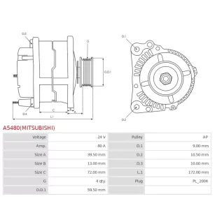 Alternateur 24V 80Amp AS-PL UD19975(MITSUBISHI)A, KUBOTA 1G38154012, 1G38164011, 1G38164012, MITSUBISHI A003TA9091