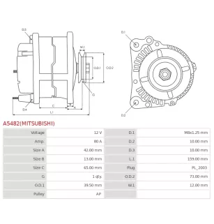 Alternateur 12V 80Amp AS-PL UD19984(MITSUBISHI)A, CATERPILLAR 3979953, KUBOTA 1G39864011, 1G39864012, MITSUBISHI A005TA8277