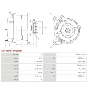 Alternateur 12V 50Amp AS-PL A5483(MITSUBISHI), CARGO 116575, DELCO DRA1317, MITSUBISHI 32A68-00401, 32A68-10200