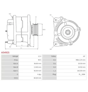 Alternateur 12V 90Amp  AS-PL UD101057A, BOSCH 0986046411, DELCO DRA3688, HELLA 8EL737-393-001, MITSUBISHI A002T38291
