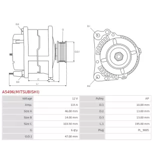 Alternateur 12V 115A Mitsubishi UD14558 A003TR0091