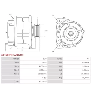 Alternateur 12V 115Amp AS-PL UD14558(MITSUBISHI)A, MITSUBISHI A003TR0091, A003TR0091ZT, A003TR0093, A003TR0093AM