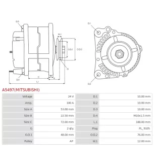 Alternateur 24V 100Amp AS-PL UD14563(MITSUBISHI)A, CARGO 115800, MITSUBISHI A004TR5188, A004TR5188A, A004TR5188AM