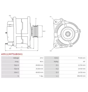Alternateur 24V 90Amp AS-PL UD100953(MITSUBISHI)A, ISUZU 8981274990, MITSUBISHI A009TU6595, A009TU6595AM, A9TU6595