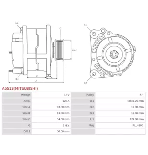 Alternateur 12V 120A Mitsubishi A5513 115926
