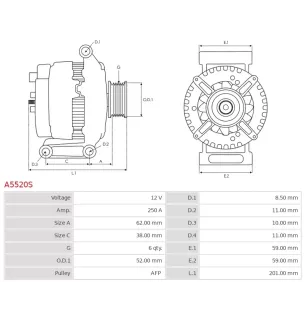Alternateur 12V 250A Mitsubishi UD101060A 68329852AE