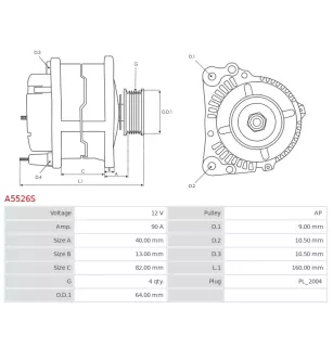 Alternateur 12V 90Amp  AS-PL UD101853A, CARGO 111966, DELCO DRA3894, HELLA 8EL737534-001, MITSUBISHI A003T05192