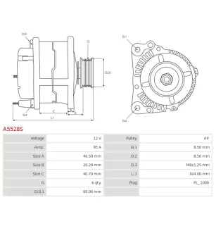 Alternateur 12V 95Amp  AS-PL UD101860A, HONDA AHGA115, MITSUBISHI A005TJ0891ZC, A5TJ0891ZC
