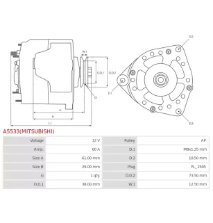 Alternateur 12V 60Amp AS-PL UD100929(MITSUBISHI)A, CARGO 114807, DELCO DRA1137, HYUNDAI / KIA XJBR-00491, KUBOTA 1G524-64011