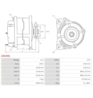 Alternateur 12V 230Amp  AS-PL UD102100A, FIAT 6000620814, MITSUBISHI A003T4081, A003TV4081, A003TV4081AM