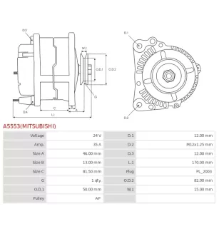 Alternateur 24V 35Amp AS-PL UD101861(MITSUBISHI)A, MITSUBISHI 32A6806800, A003TN5783, A3TN5783, ELECTROLOG ALT5553