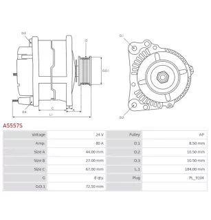 Alternateur 24V 80Amp  AS-PL UD13596A, MITSUBISHI A002TA8891, A002TA8891AM, A003TA8691, A003TA8891