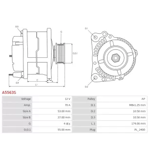 Alternateur 12V 70Amp  AS-PL UD102361A, CARGO F032115656, MITSUBISHI A001TA3791, A001TA3792, A1TA3791