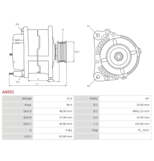 Alternateur 12V 90Amp  AS-PL A6001, BOSCH 0986045861, CARGO 114231, DELCO DB6971, DRB5861