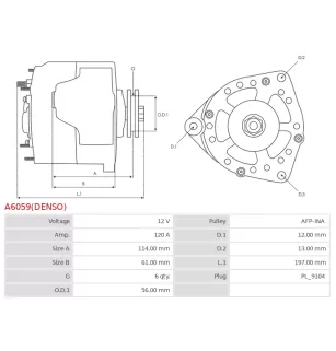 Alternateur 12V 120Amp DENSO 101210-1320, 101210-1321, DAN1000, FIAT 51854898, MAGNETI MARELLI 063377026010