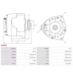 Alternateur 12V 105Amp AS-PL A6060, DENSO 102211-8690, 102211-8691, DAN1005, FIAT 51727333