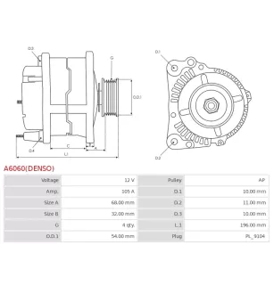 Alternateur 12V 105Amp DENSO 102211-8690, 102211-8691, DAN1005