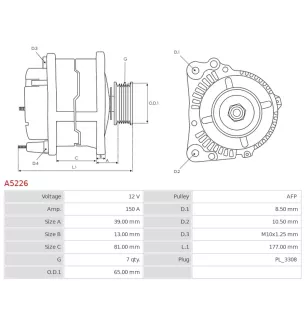 Alternateur 12V 150A Mitsubishi A5226 UD11052A