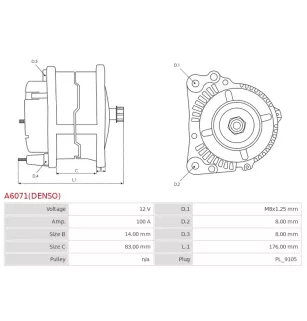 Alternateur 12V 100Amp AS-PL UD804939(DENSO)A, CARGO 115742, CATERPILLAR 2253144, DELCO DRA0028, DENSO 101210-1570