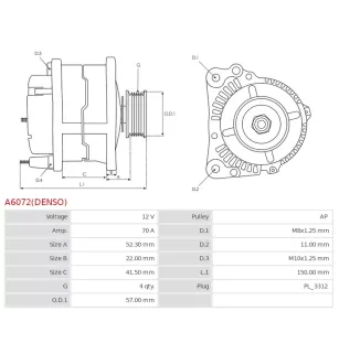 Alternateur 12V 70A Denso 102211-5260 102211-5380