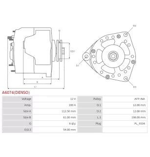 Alternateur 12V 100Amp BOSCH 0986083210, CARGO 114493, DELCO DRA0536, DENSO 101210-1090, 101210-1091