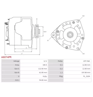 Alternateur 12V 100Amp BOSCH 0986083210, CARGO 114493, DELCO DRA0536, DENSO 101210-1090, 101210-1091