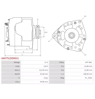 Alternateur 12V 120Amp CARGO 115429, DELCO DRA0723, DENSO 101210-1100, 101210-1101, 101210-1102