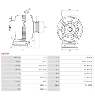 Alternateur 12V 105Amp AS-PL A6079, UD02275A, UD19433A